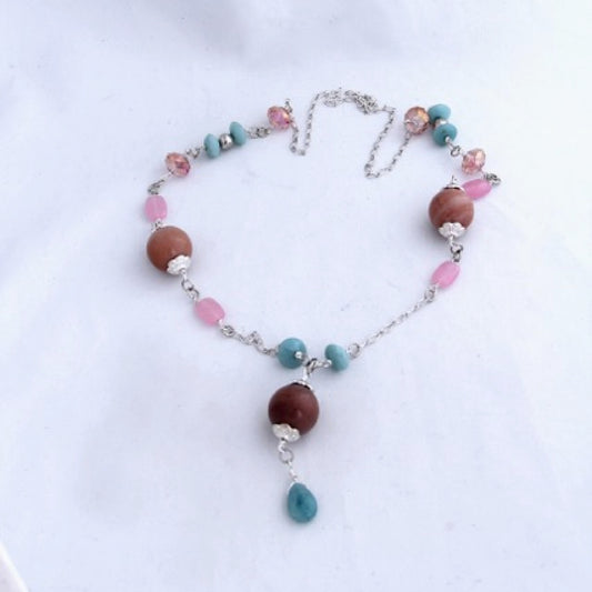 Long 32 Inch Wire-wrapped Necklace with Peach Pendant