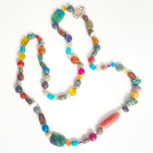 Long 36" hand-knotted semiprecious bead necklace top view