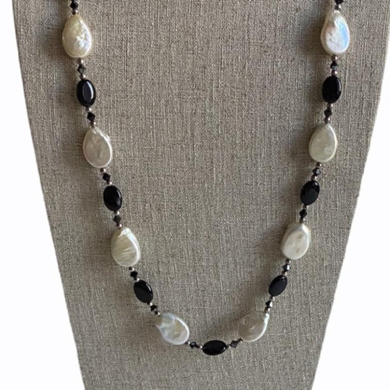 Long 26 White Teardrop Pearl Necklace with Black Onyx and Crystal Acc