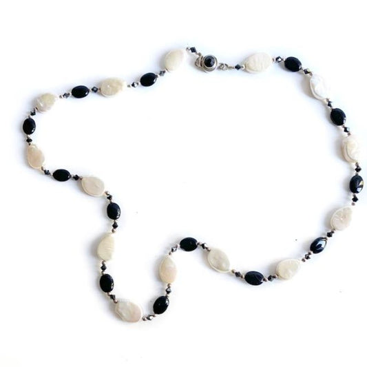 Long 26 Inch White Teardrop Pearl Necklace Onyx Bead Accents Flatlay