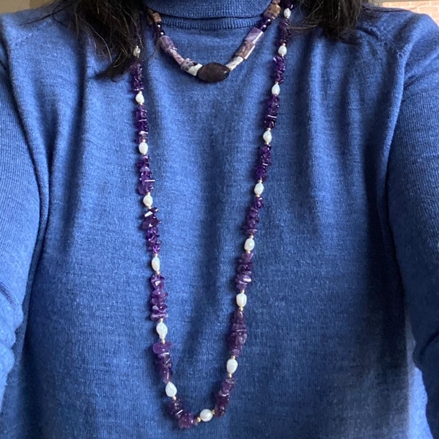 Royalty Long Continuous Strand Amethyst Chip and White Pearl Hand-knotted Necklace -36 Inch