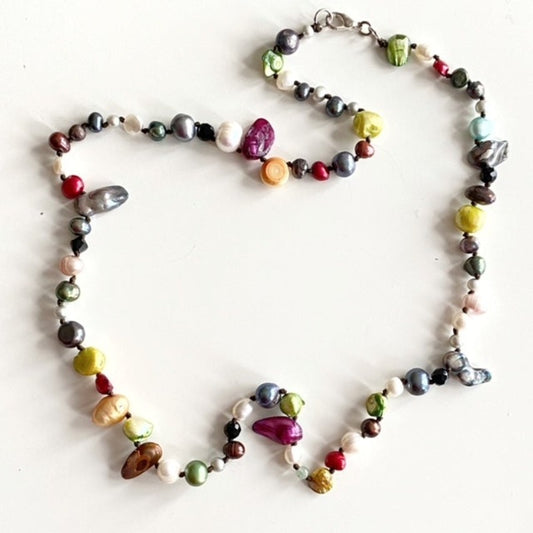 Long 27" hand-knotted multi-coloured dyed  pearl necklace with sterling lobster clasp Top view