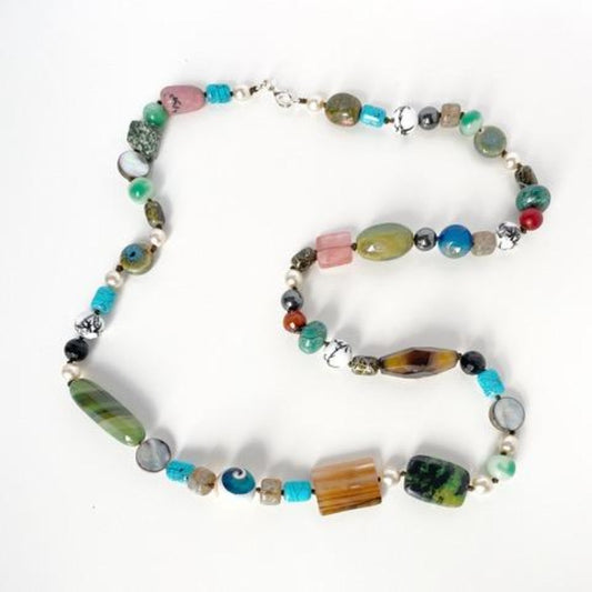 Long Semiprecious Multi-coloured 31 Inch Single Strand Knotted Necklace Top View