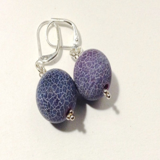 Matte purple crackle agate earrings on silver-plated lever-back ear wires top view