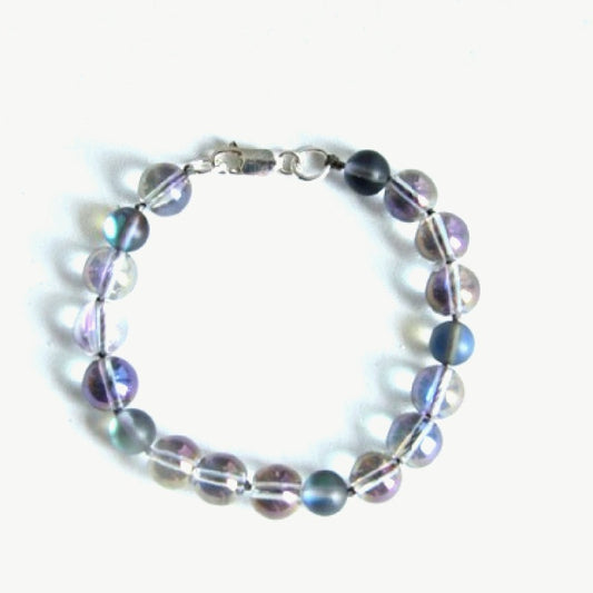 Matte and shiny iridescent blue-gray crystal knotted  Glow 7 1/2 inch bracelet Top view