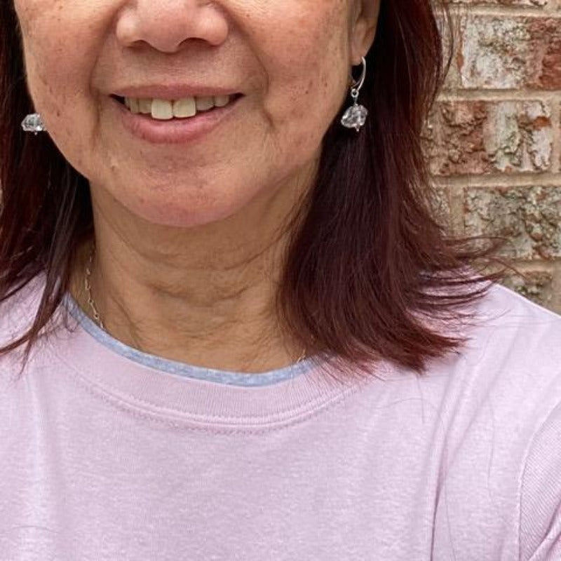 Model wearing the Tibetan Quartz Sterling SIlver Leverback earrings