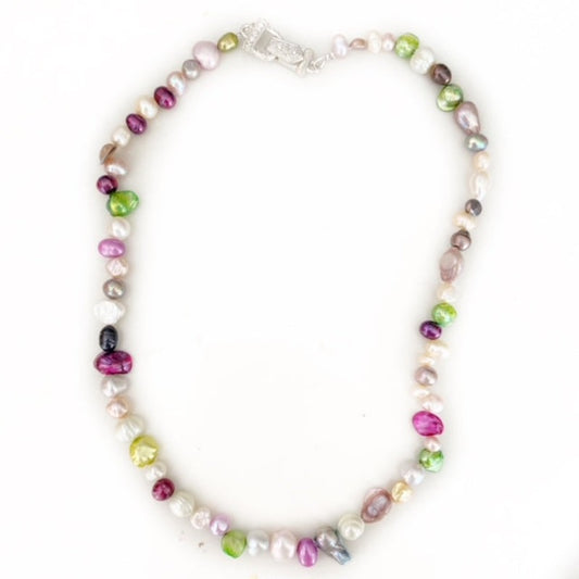 Multi-coloured beaded 21-inch pastel pearl necklace with hinged magnetic clasp top view