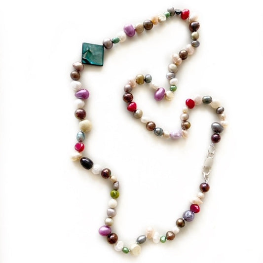 Long 25-inch dyed hand-knotted bright multi-coloured pearl necklace with strong sterling silver clasp