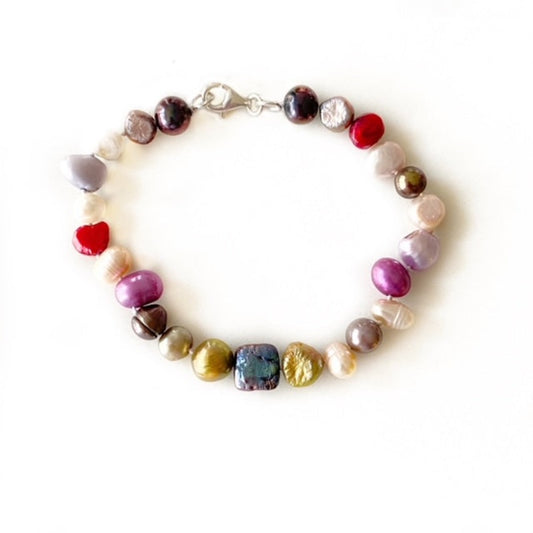 Multi-coloured dyed freshwater Pearl knotted 7-3/4-inch bracelet with rounded sterling silver lobster clasp Top view