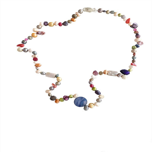 Long hand-knotted 27-inch Multi-coloured freshwater pearl necklace Blue Mother-of-Pearl centre disk and sterling silver clasp