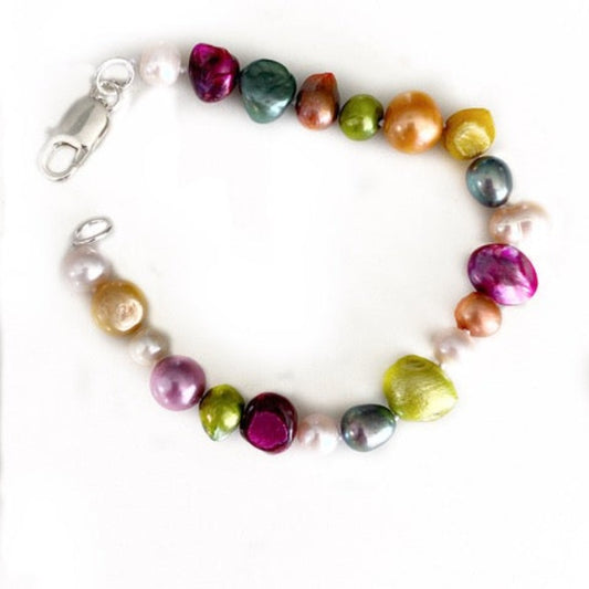 Multi-coloured dyed pearl hand-knotted 8-inch bracelet with Sterling Silver lobster clasp