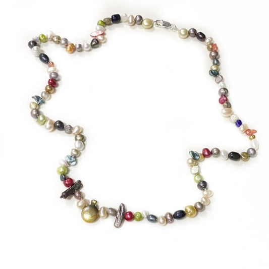 Multi-coloured long hand-knotted 27-1/2-inch dyed pearl necklace top view