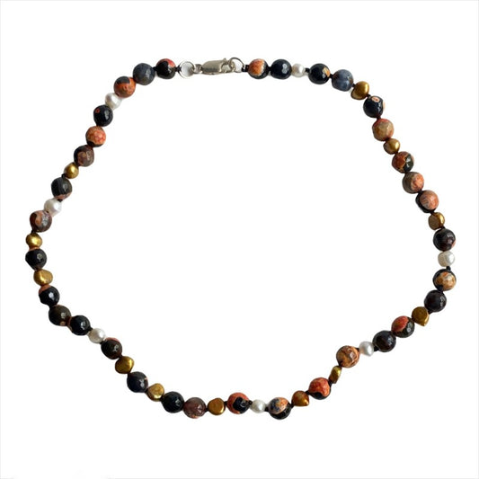 Orange Agate Koi-inspired White and Gold Pearl Hand-knotted Necklace Top View