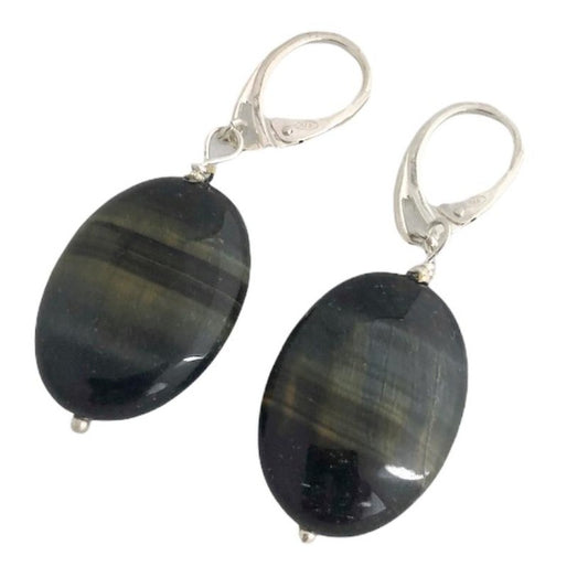 Oval 1" Blue Tiger Eye with Yellow Striping with Sterling silver leverback earrings Top View