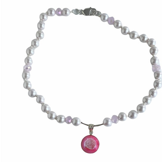 Pale Pink Shell Pearl Hot Pink Drusy "Woman In Motion" Necklace Top View