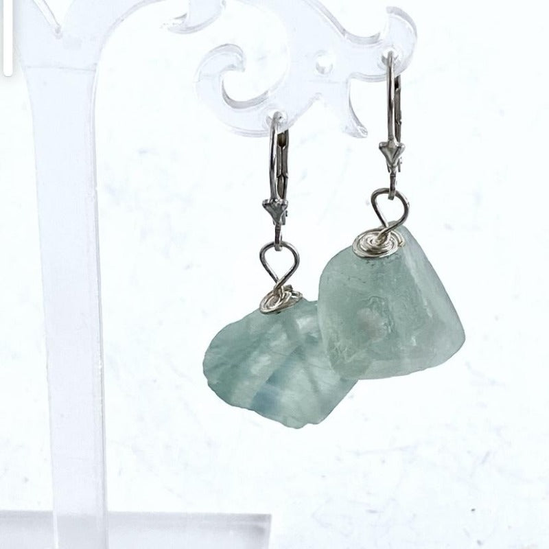 Pale Green Fluorite Chunk Nugget Earrings on Display