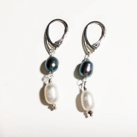 Silvery blue-green and white pearl dangling earrings