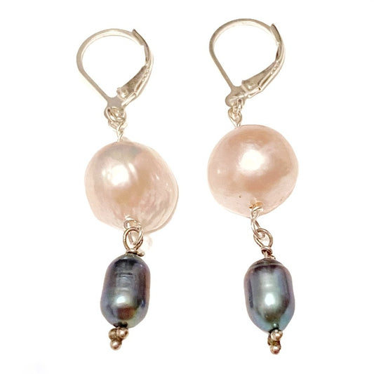 Pink Baroque Blue Pearl Sterling Silver Lever-back Earrings Top View
