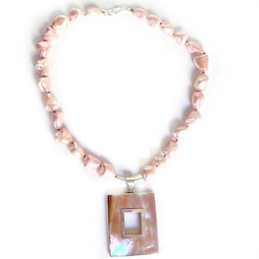 Pink Pearly Knotted 20 1/2" Necklace with Pink Mother-of-Pearl Pendant Top View