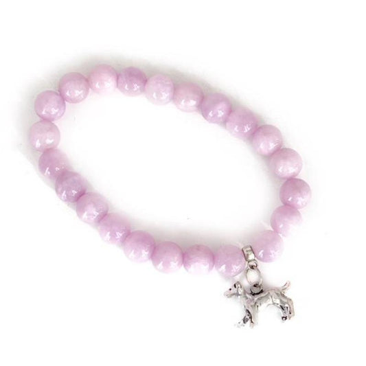 Soft pink bead stretch pet lover bracelet showing pet charm of a dog Top View