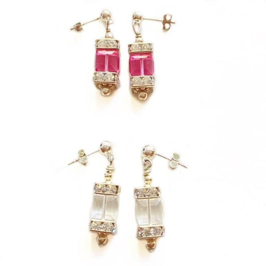 Pink and White Sparkling Crystal Cube  Earrings on Silver Stud Ear Wires Top View