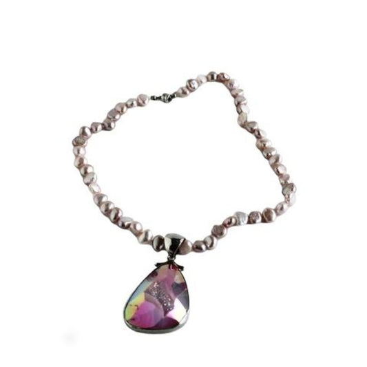 Pink Pearl Hand-knotted Choker with Removable Pink Drusy Teardrop Pendant Top View