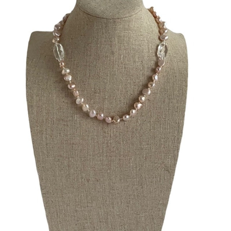 Pink freshwater pearl and facetted white rectangular crystal knotted 16