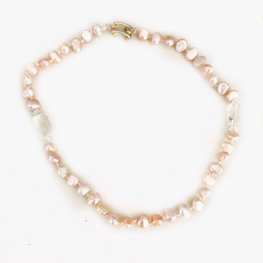 Pink freshwater pearl and white rectangular facetted hand-knotted 16 inch choker top view