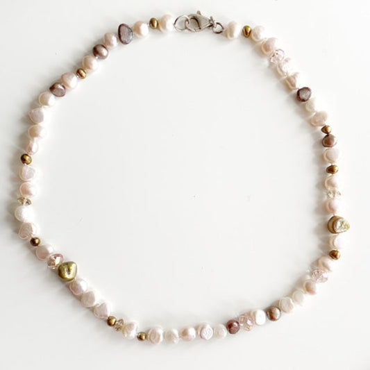 Muted Pink white gold hand-knotted 18 -inch freshwater pearl necklace with sterling silver clasp Top View