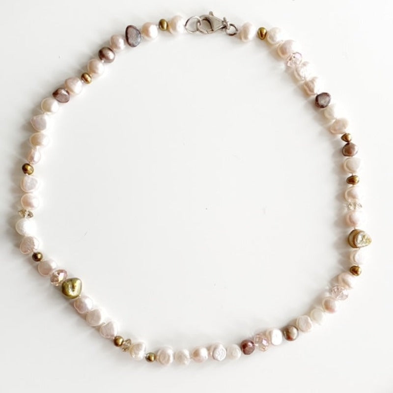 Muted Pink white gold hand-knotted 18 -inch freshwater pearl necklace with sterling silver clasp Top View