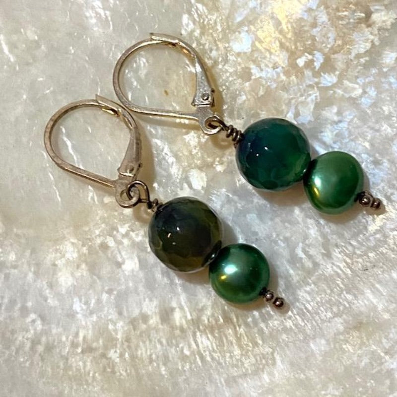 Purple Agate Lotus Koi Green Pearl Leverback Earrings Back View on Shell Display
