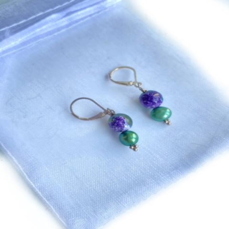Purple Agate Lotus Koi Green Pearl Leverback Earrings with gift bag