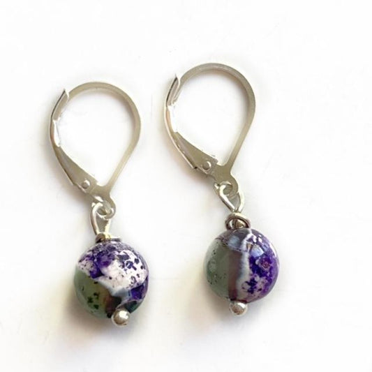 Purple Green Mottled Agate Wire-wrapped Sterling Silver Lever-back Earrings Top View