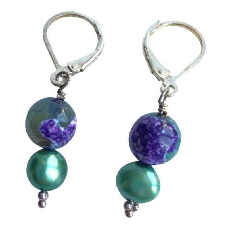 Purple Agate Lotus Koi Green Pearl Leverback Earrings Top View