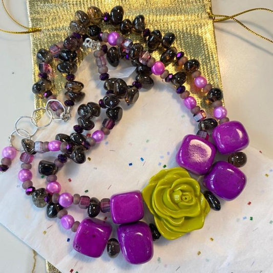 Purple Cube Chartreuse Green Flower Necklace with Gift Bag