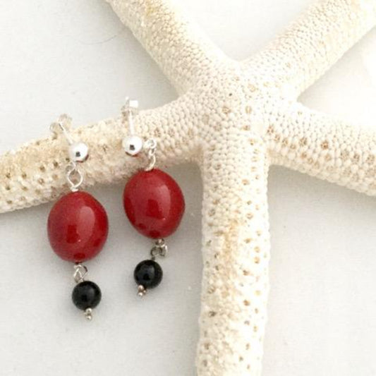 Red Lacquer Black Onyx Long Dangling Earrings on Starfish Prop