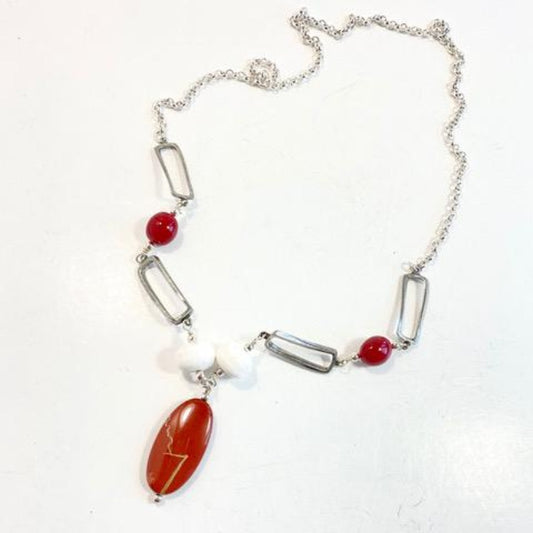 Red Jasper White Agate Red Lacquer 30" Long Silver-plated Chain Necklace