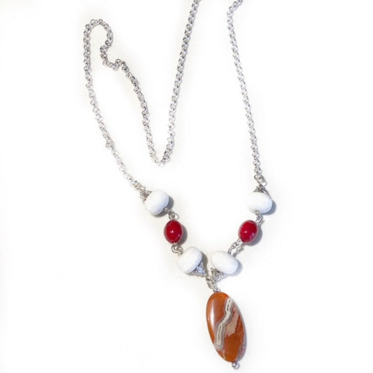 Beaded Red Jasper White Age 29-inch Pendant necklace Silver-plated chain