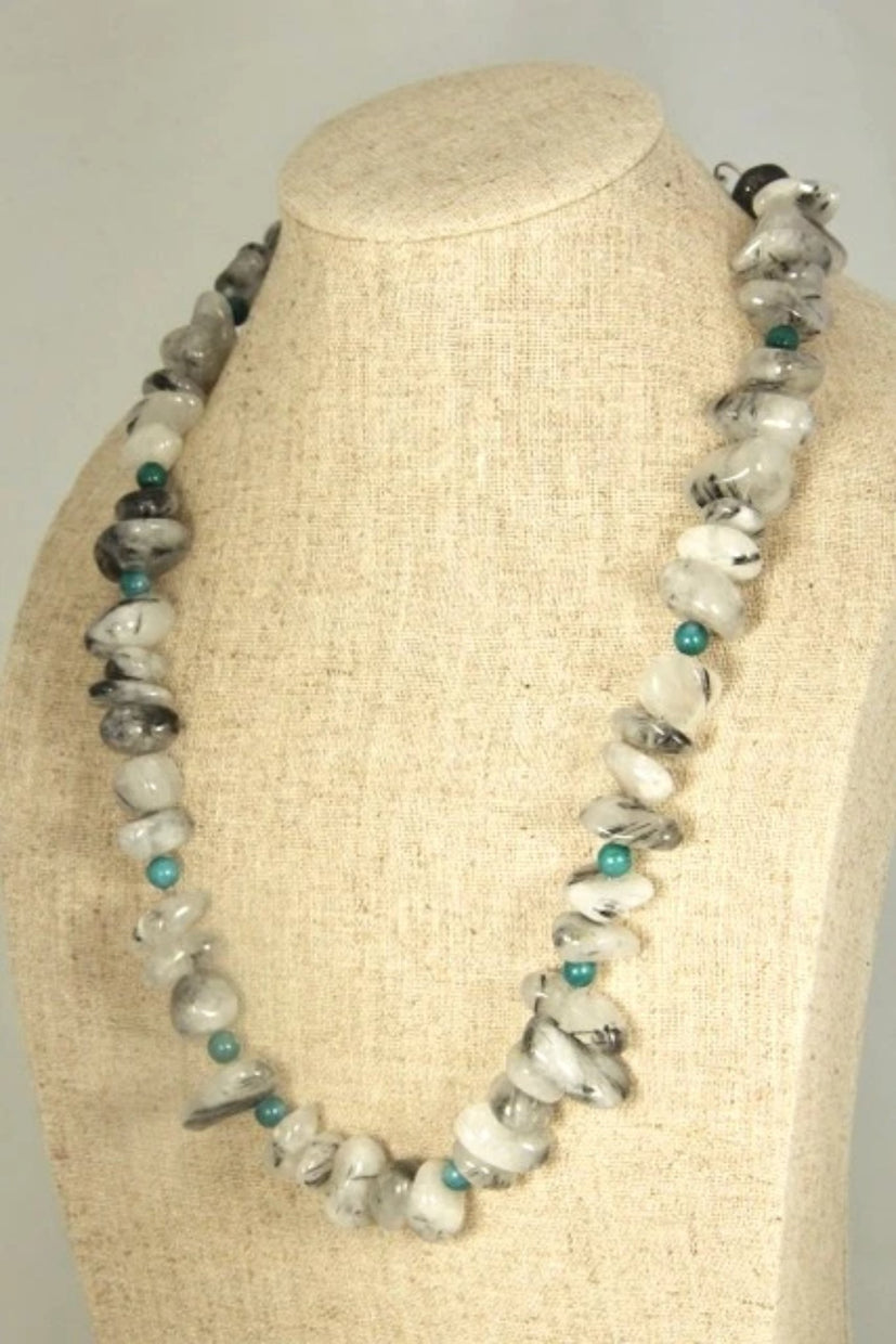 Right Side View Hand-knotted Gray Rutilated Quartz Turquoise Bead Necklace