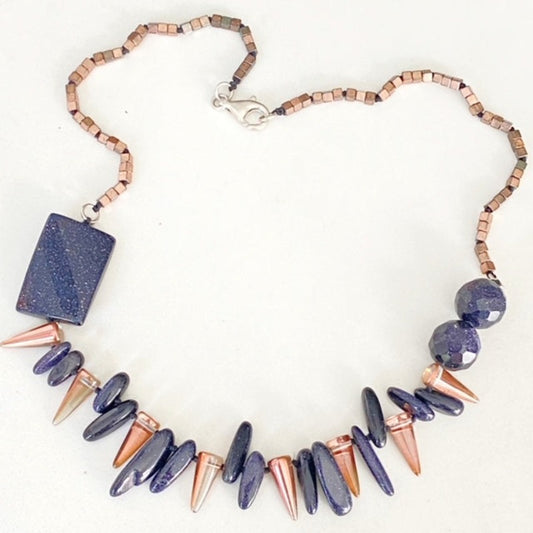 Hand-knotted Rose Gold Spike Blue Goldstone 19-Inch Necklace- Sterling Clasp
