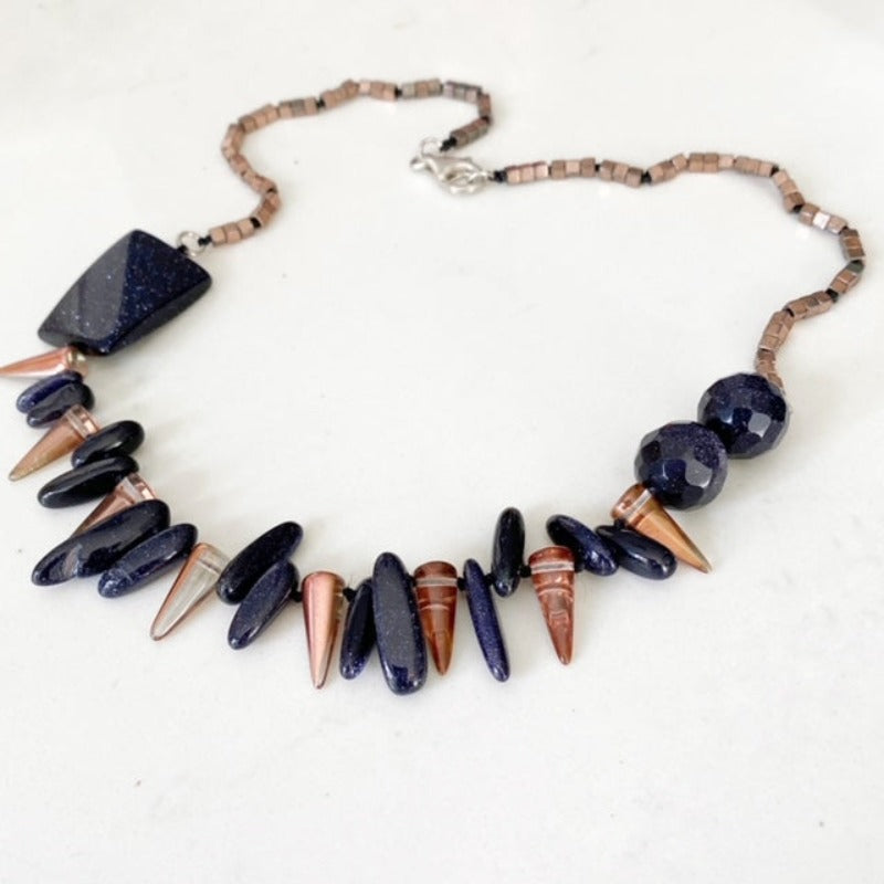 Hand-knotted rose gold Preciosa Czech spike crystals and blue goldstone 19_inch necklace sterling clasp alternate view