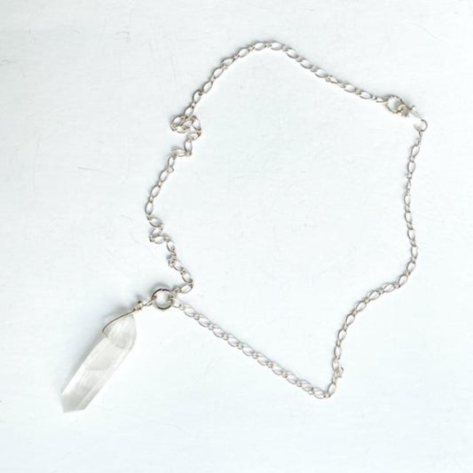 Rugged White Electroplated Quartz Crystal Spike Pendant on Silver-plated Chain Top View