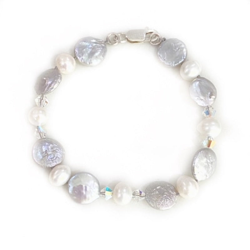 Silver-gray coin pearls and side-drilled white freshwater pearls hand-knotted 8-inch bracelet with sterling silver clasp top view