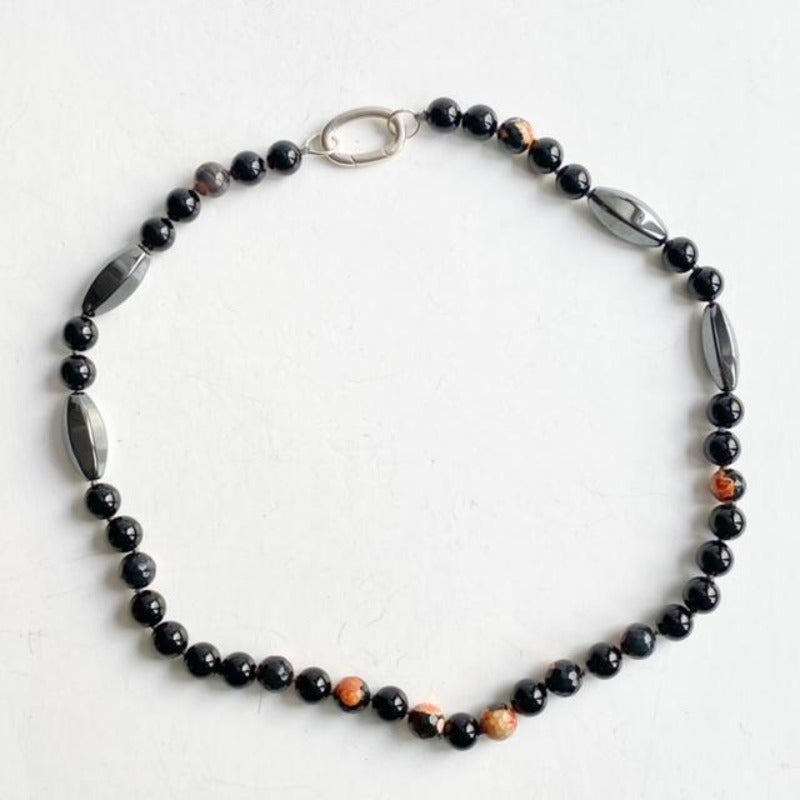Single Strand Hematite Orange Mottle Agate of the Double Strand Koi Adaptive Necklace shown on its own