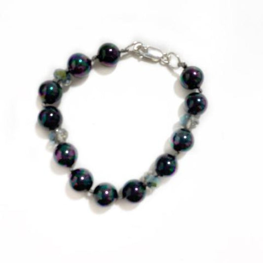 Small Inky Black Pearlized Peacock Agate Bracelet 7 1/2"