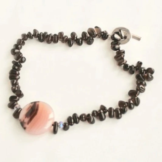 Smoky Quartz Single Strand Knotted Necklace with 1 inch Chunky Round Agate Focal Bead Flatlay Image