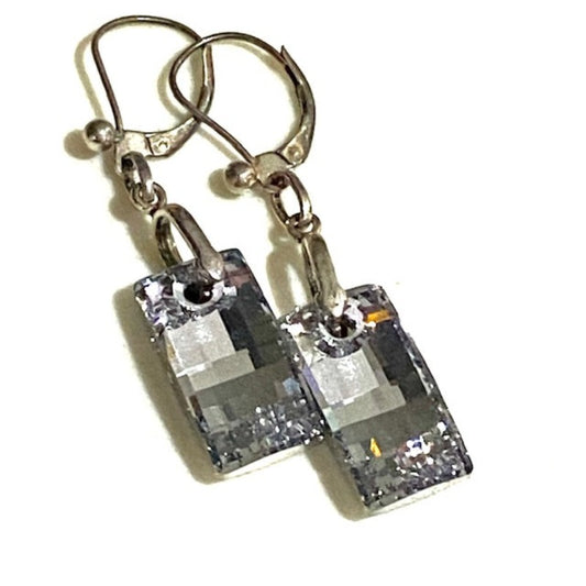 Smoky grey rectangular facetted Swarovski dangling earrings on sterling silver lever-backs top view