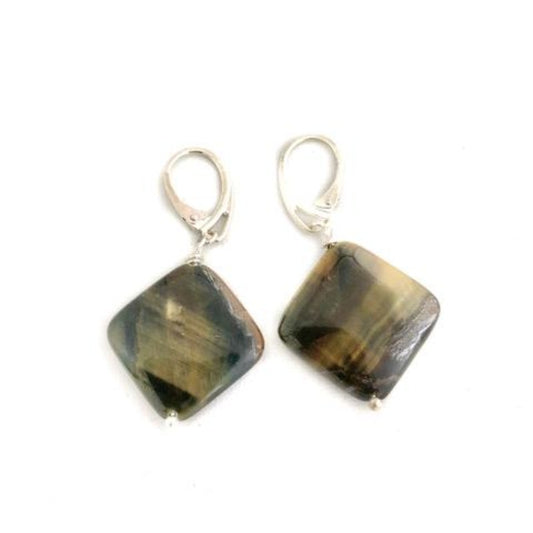 Golden Brown Tiger Eye Diamond-shaped Sterling Silver Lever-back Earrings Top View