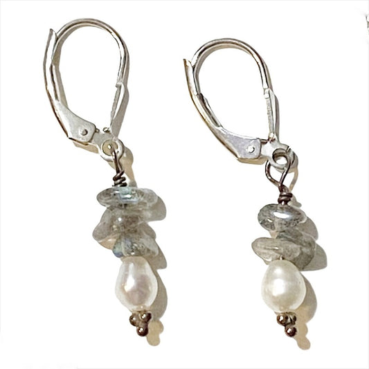 Triple Labradorite Chip Pearl Sterling Silver Lever-back Earrings Side View