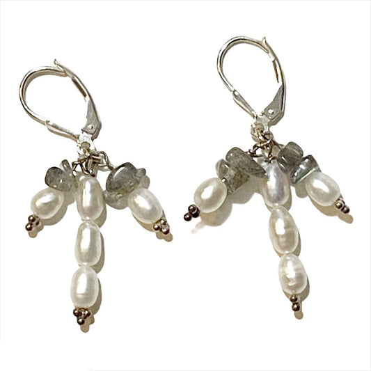 Triple Labradorite Pearl Prong Dangling Sterling Silver Lever-back Earrings Side View